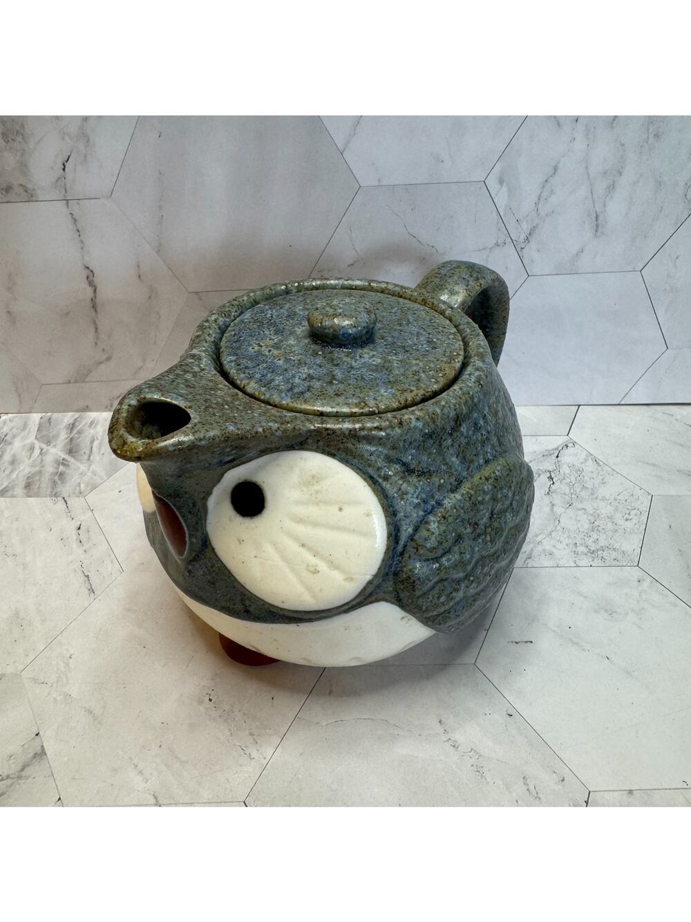 Kotobuki Ceramic Bird Owl Blue Gray Tea Pot & Lid Made in Japan in EUC Cute